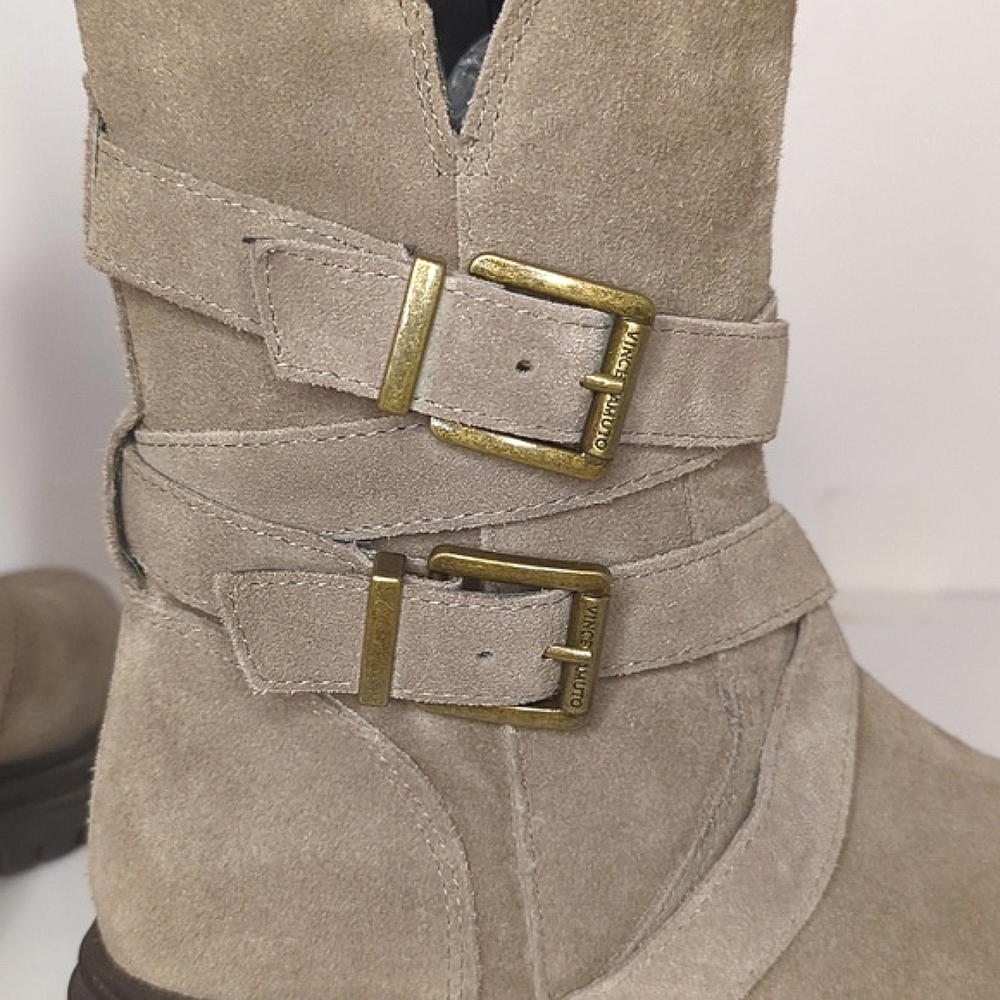 Vince Camuto Tan Suede Combat Moto Boots - Women's Size 8 Buckle Strap Grunge - Picture 5 of 13